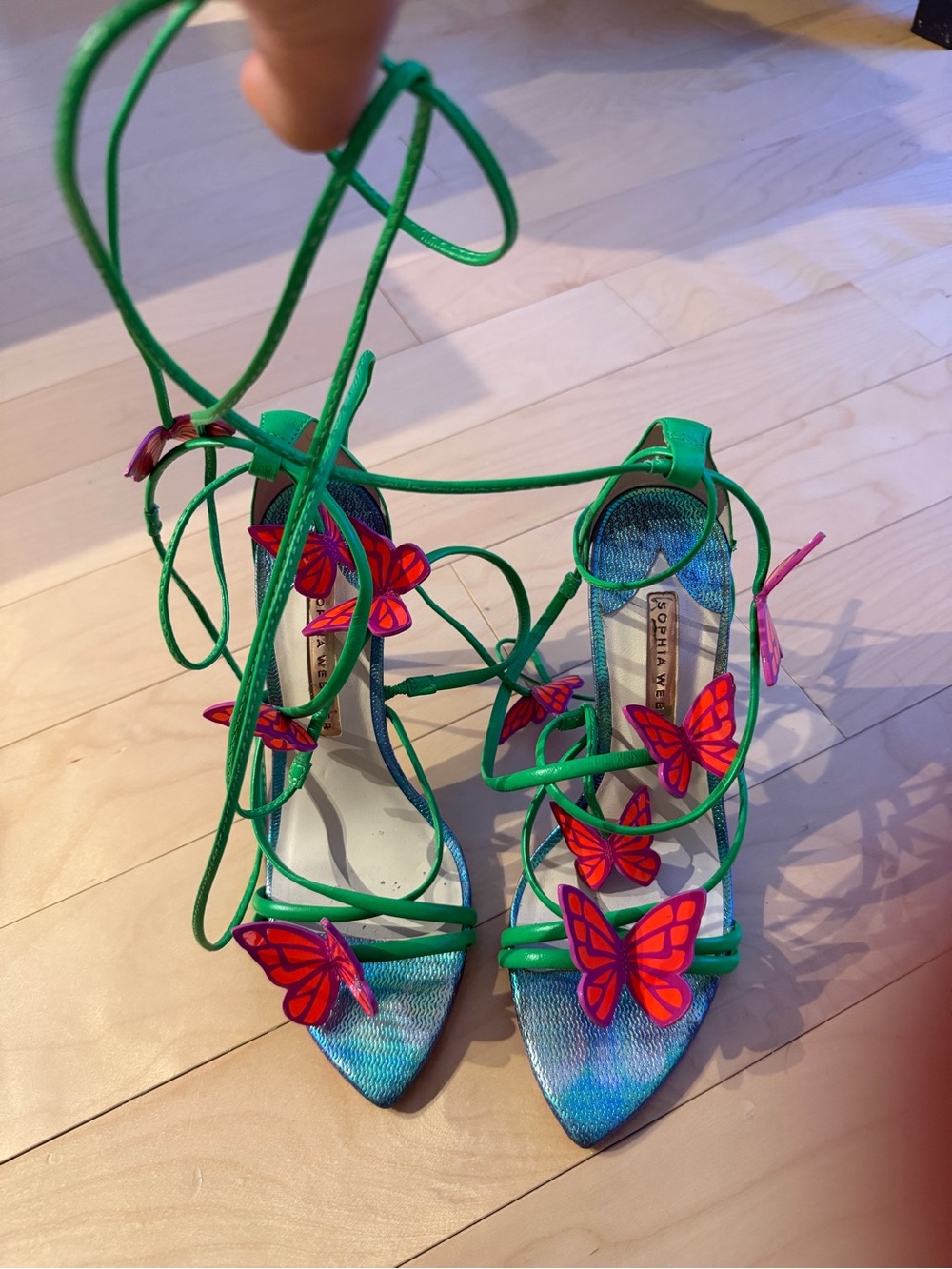 Sophia Webster Green Lace-Up Heels with Red-Orange Butterfly Accents